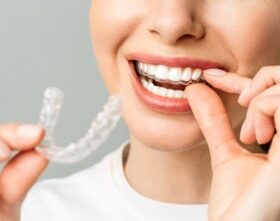 A young woman does a home teeth whitening procedure. Whitening tray with gel